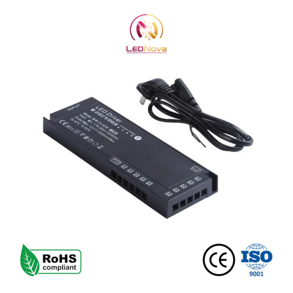Sursă de alimentare LED compactă neagră Seria FX-60W cu cablu de alimentare inclus și sloturi de conectare