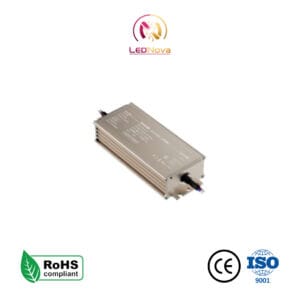 Sursă de alimentare AC-DC impermeabilă IP68 model WFA în carcasă metalică sigilată, cu certificări RoHS, CE și ISO.