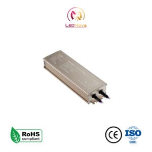 Sursă de alimentare AC-DC impermeabilă IP68 model WFA în carcasă metalică sigilată, cu certificări RoHS, CE și ISO.