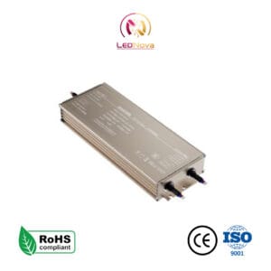 Sursă de alimentare AC-DC impermeabilă IP68 model WFA în carcasă metalică sigilată, cu certificări RoHS, CE și ISO.