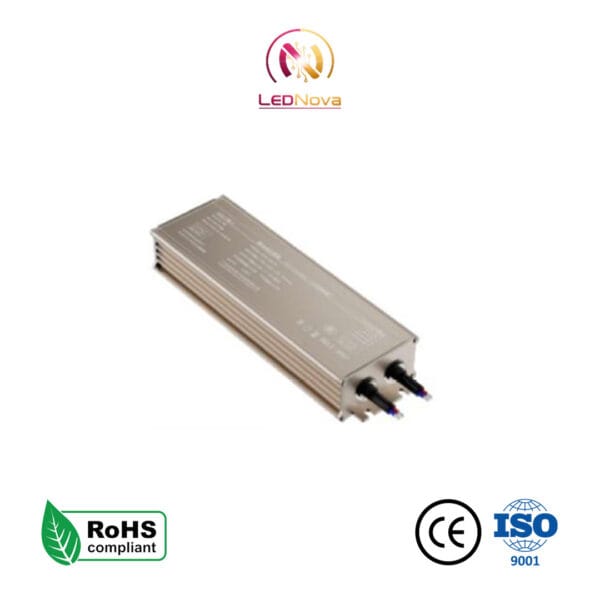 Sursă de alimentare AC-DC impermeabilă IP68 model WFA în carcasă metalică sigilată, cu certificări RoHS, CE și ISO.
