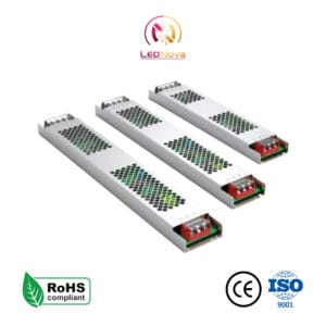 Sursa de alimentare slim de 200W si 24V pentru casete luminoase, trei module metalice perforate cu certificari RoHS, CE si ISO.